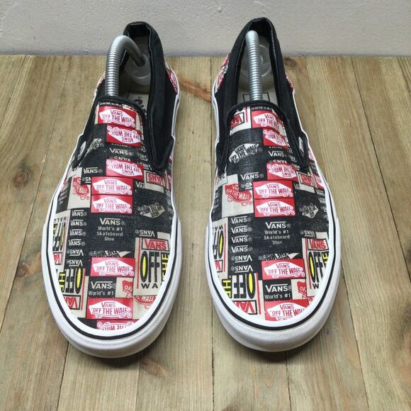 VANS Black Red Canvas Collage Slip Ons MENS 10.5 Classic Skater Sneakers - Picture 3 of 9